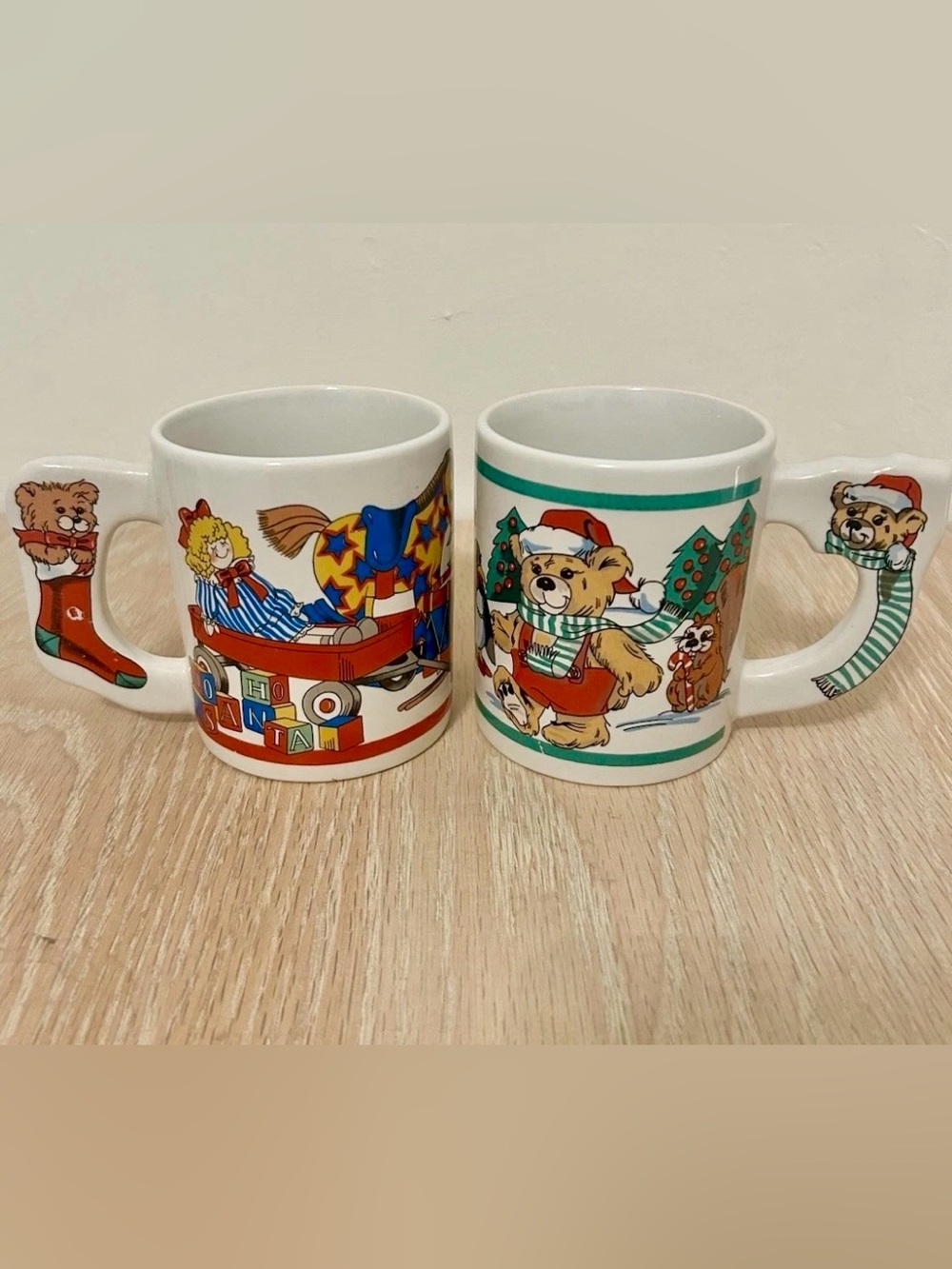 Vintage White Kids Holiday Bear Mugs with Red and Green Accents